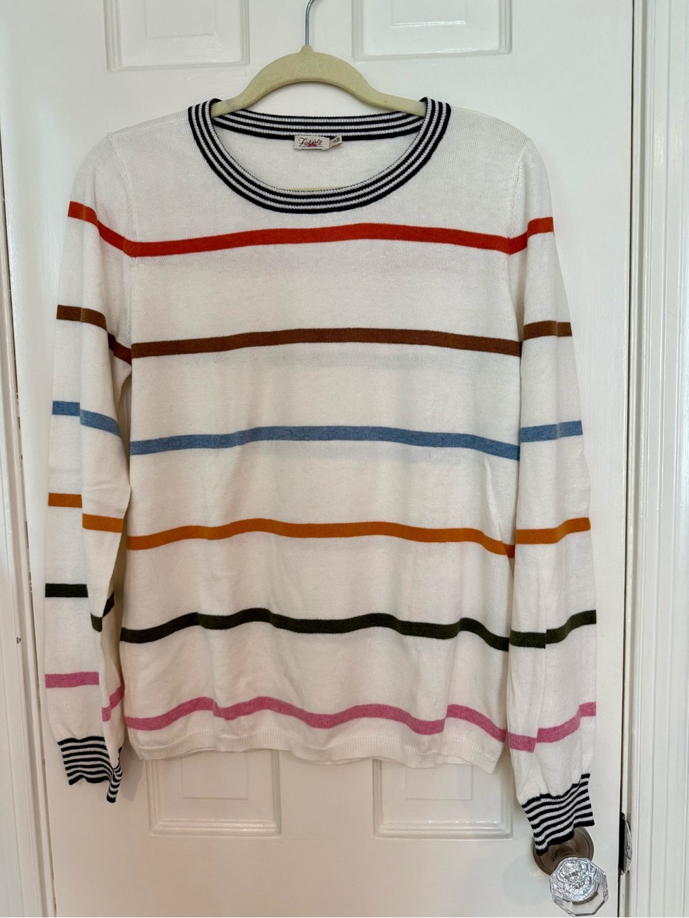 Faherty Cream Crewneck Sweater with Multicolor Stripes